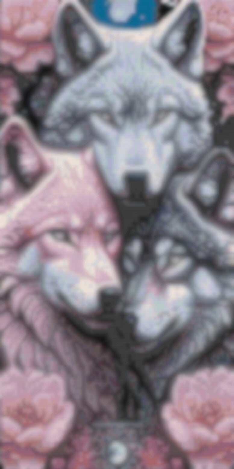 Ein feines Kreuzstichmuster mit drei majestätischen Wölfen, das die Schönheit der Natur widerspiegelt.