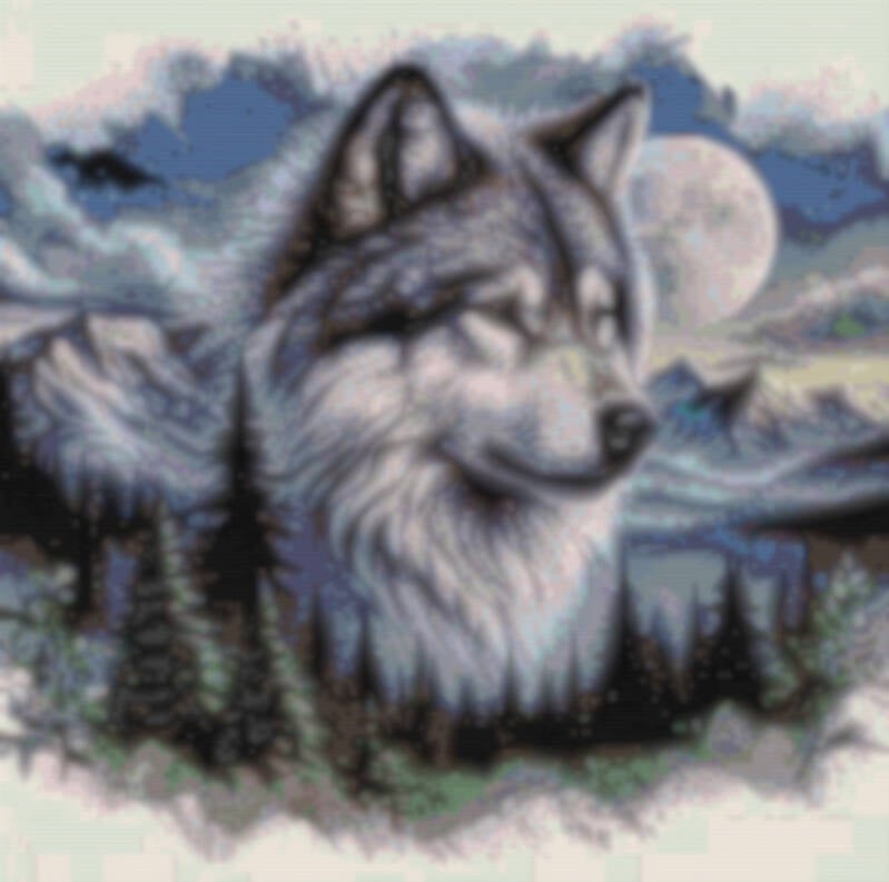 Ein Muster eines Wolfes, der majestätisch im Wald steht, umgeben von Bäumen und sanften Lichtstrahlen.