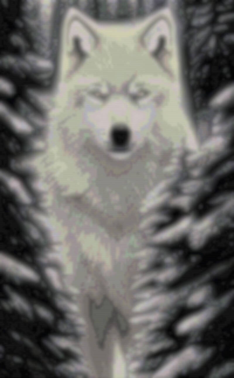 Ein Muster eines weißen Wolfs, der majestätisch im Wald steht, umgeben von sanften, grünen Bäumen.