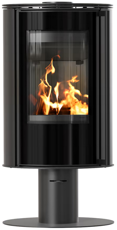 Kaminofen aus Stahl mit Sockel KRATKI ERIK, Thermotec-Auskleidung, innen weiß/schwarz wählbar, Gehäuse schwarz, RR Ø 150, 5,5 kW