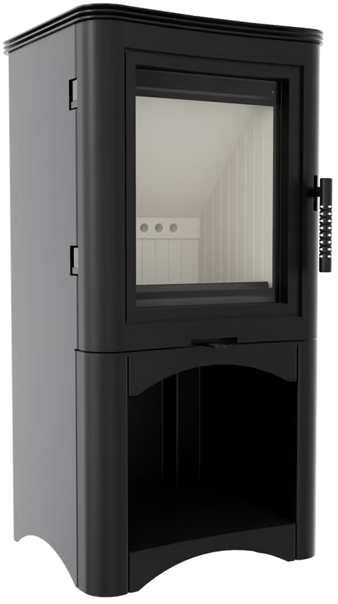 Kaminofen aus Stahl KRATKI K5, RR Ø 150, 7 kW, Holzregal, schwarz Verkleidung,
