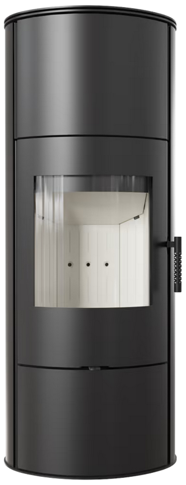 Kaminofen aus Stahl KRATKI ROLLO Hoch, Gehäuse schwarz, innen weiß/schwarz wählbar, RR Ø 150, 7 kW, Wärmespeicher-Zubehör wählbar
