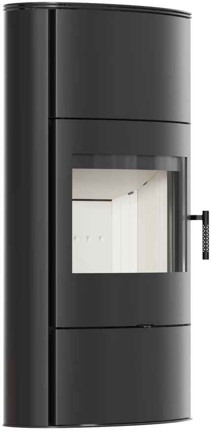 Kaminofen aus Stahl KRATKI ROLLO/2/W, Hoch, Speicherofen, Gehäuse schwarz, Thermotec-Auskleidung innen weiß/schwarz wählbar, RR Ø 150, 8 kW, Speichermodul wählbar