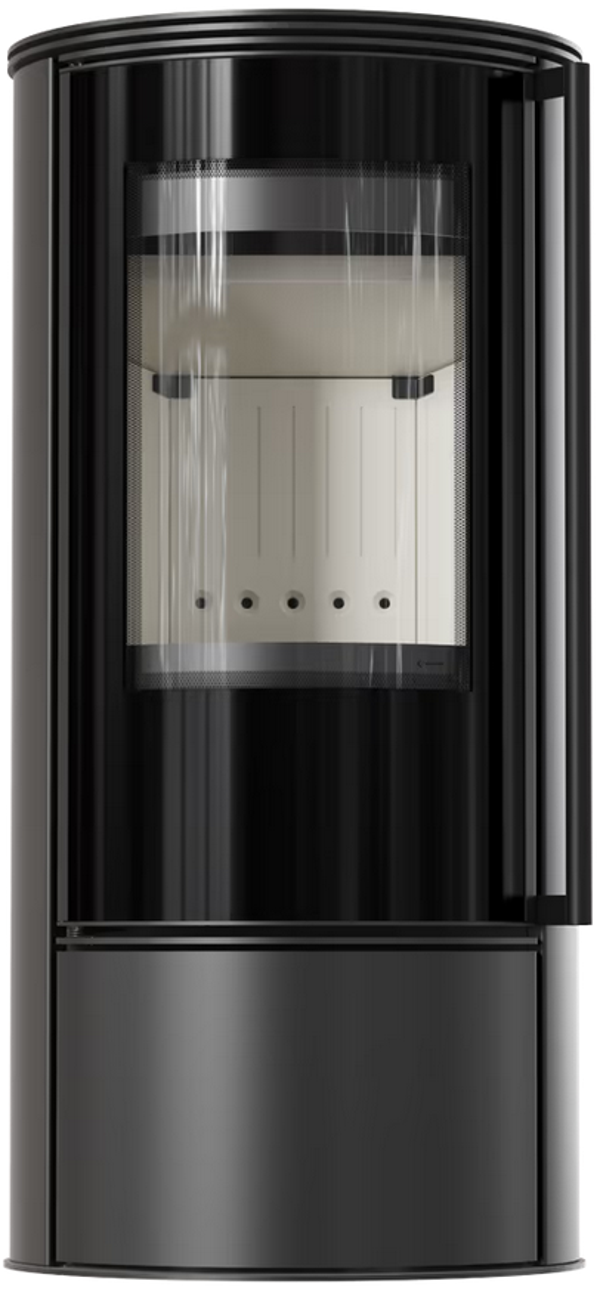 Freistehender Stahlkamin KOZA SKADI, Thermotec-Auskleidung, Gehäuse schwarz, innen weiß/schwarz wählbar, RR Ø 150, 5,5 kW