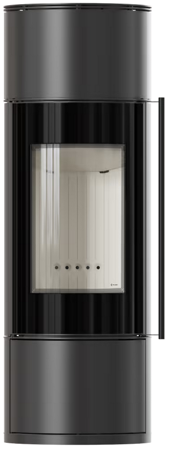 Kaminofen aus Stahl KRATKI AMBLER, Gehäuse schwarz, Thermotec-Auskleidung, innen weiß/schwarz wählbar, RR Ø 150, 7 KW mit selbstschließender Tür