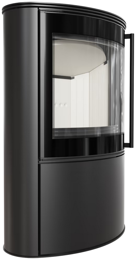 BJORN freistehender Stahlofen schwarz, kurz, Thermotec-Auskleidung innen weiß/schwarz wählbar, Tür-Verschlussmechanismus, RR Ø 150, 7 KW