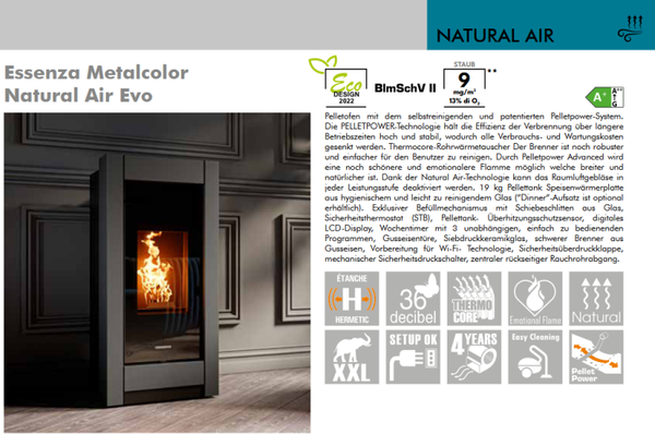 Thermorossi Pellet Ofen Essenza Metalcolor Natural Air EVO in 3 Farben wählbar