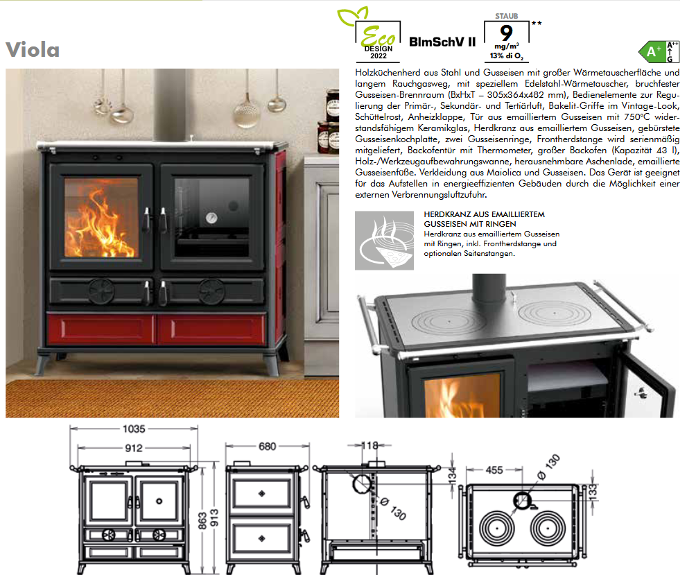 Thermorossi Küchenofen Backofen Herd Viola Evo6, KW 12 und KW 7,9 , Farbe Beige, Bordeaux