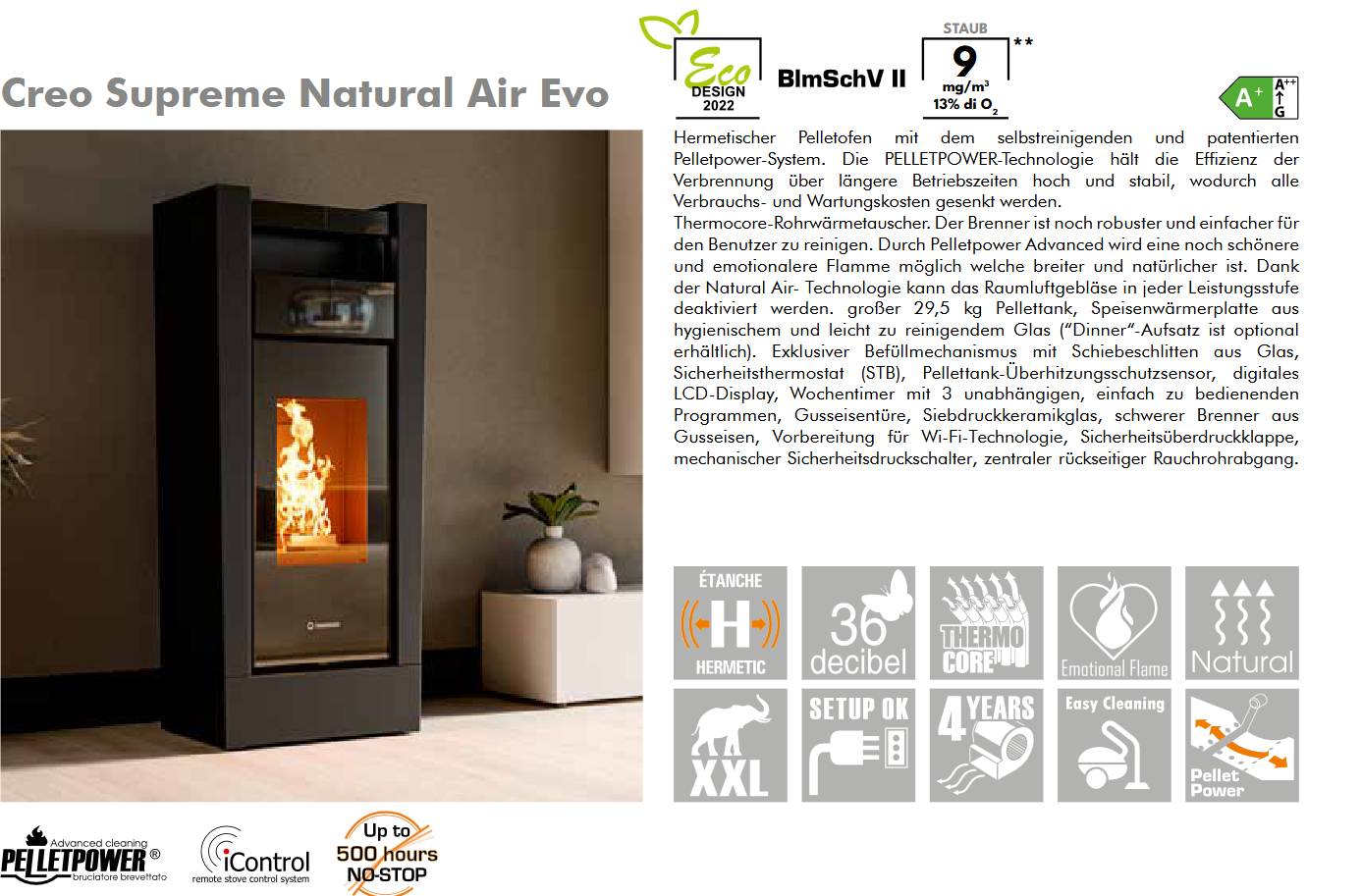 Thermorossi Pellet Ofen Creo Supreme Natural Air EVO nicht Kanalisierbar