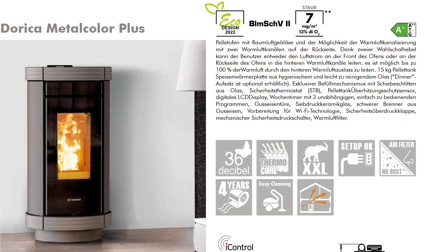 Thermorossi Pellet Ofen Dorica Metalcolor Plus in 5 Farben Kanalisierbar