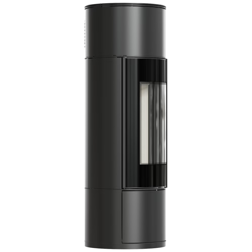 Kaminofen aus Stahl KRATKI AMBLER, Gehäuse schwarz, Thermotec-Auskleidung, innen weiß/schwarz wählbar, RR Ø 150, 7 KW mit selbstschließender Tür