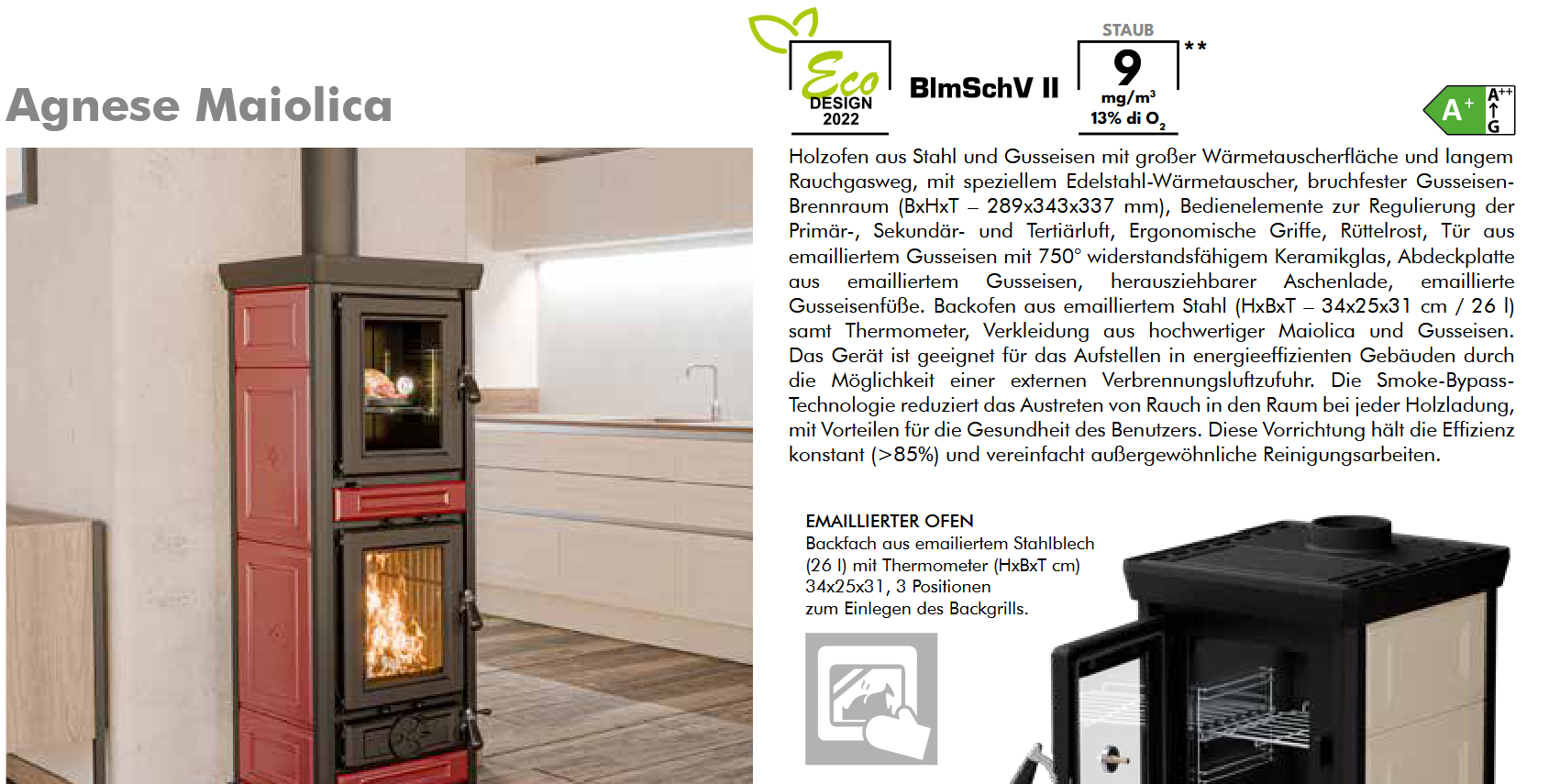 Thermorossi Kaminofen Küchenofen Backofen Agnese Evo 6 Maiolica, Backfach, KW 7,5 Farben Beige, Bordeaux