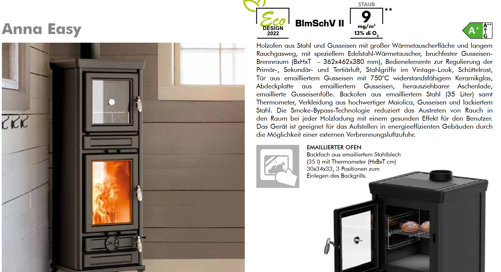 Thermorossi Kaminofen Küchenofen Backofen Anna Easy Evo6, Backfach, KW 12,7, Matt Schwarz