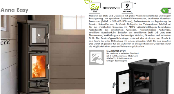 Thermorossi Kaminofen Küchenofen Backofen Anna Easy, Backfach, KW 12,7, Matt Schwarz