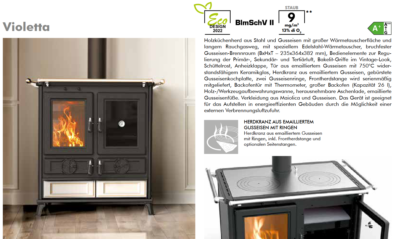 Thermorossi Kaminofen Küchenofen Backofen Herd Violetta, Evo KW 8,2 und Evo6 KW 7,8 Farben Beige, Bordeaux