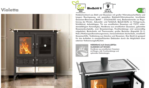 Thermorossi Kaminofen Küchenofen Backofen Herd Violetta, Evo KW 8,2 und Evo6 KW 7,8 Farben Beige, Bordeaux