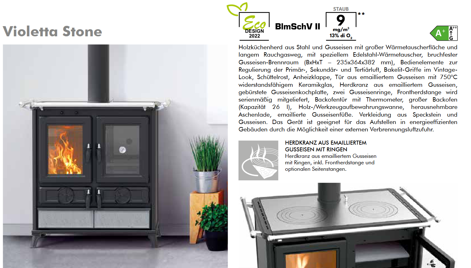 Thermorossi Kaminofen Küchenofen Backofen Herd Violetta Stone, Evo KW 8,2 und Evo6 KW 7,8