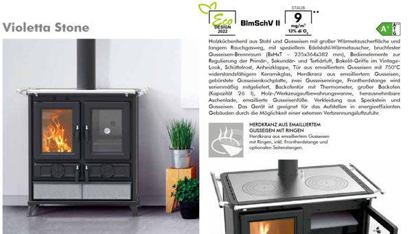 Thermorossi Kaminofen Küchenofen Backofen Herd Violetta Stone, Evo KW 8,2 und Evo6 KW 7,8