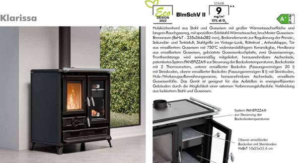 Thermorossi Kaminofen Küchenofen Backofen Herd Klarissa EVO6, KW 7,8, Matt Schwarz