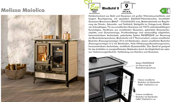 Thermorossi Kaminofen Küchenofen Backofen Herd Melissa Maniolica Evo KW 8,2 und Evo6 KW 7,8 Farben Beige, Bordeaux