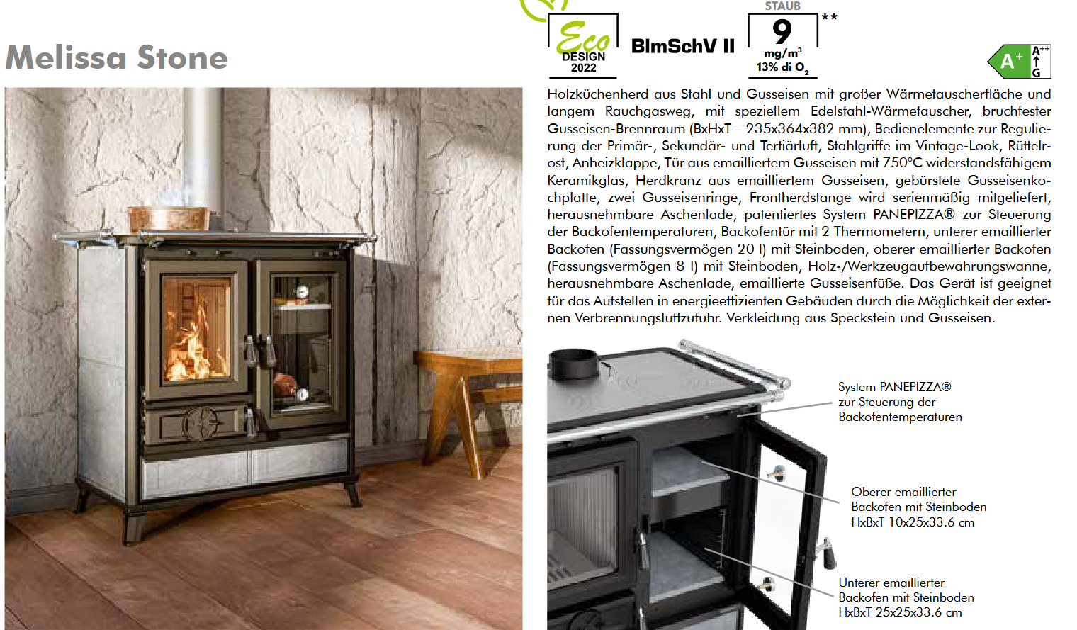 Thermorossi Kaminofen Küchenofen Backofen Herd Melissa Stone Evo KW 8,2 und Evo6 KW 7,8