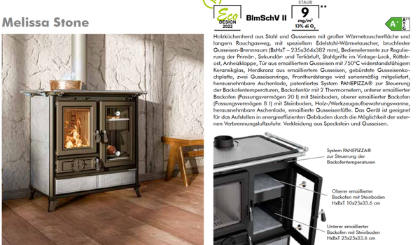 Thermorossi Kaminofen Küchenofen Backofen Herd Melissa Stone Evo KW 8,2 und Evo6 KW 7,8