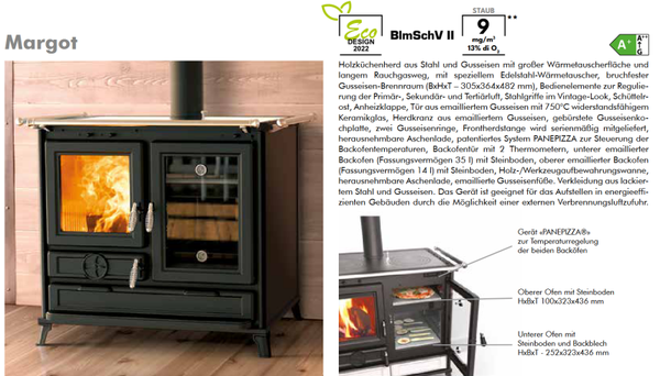 Thermorossi Kaminofen Küchenofen Backofen Herd Margot EVO6, KW 12und KW 7,9 Matt Schwarz