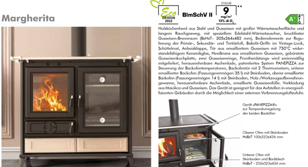 Thermorossi Kaminofen Küchenofen Backofen Herd Margherita Maiolica EVO6 KW 12 oder KW 7,9 Farbe Beige, Bordeaux