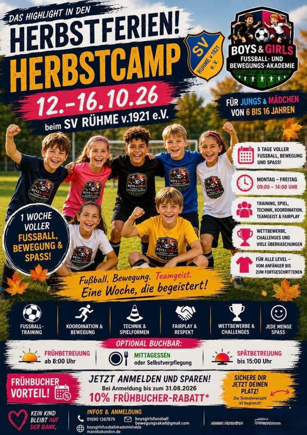 🍂 Herbstcamp 2026 beim SV Rühme v. 1921 e.V.  Eine Woche voller Fußball, Bewegung und unvergesslicher Erlebnisse! ⚽❤️