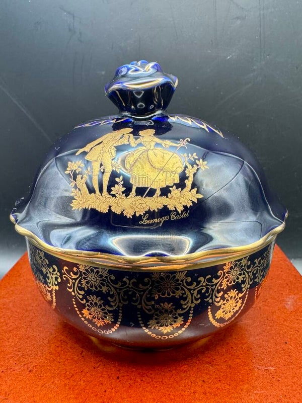 Limoges Castel France Blue porcelain trinket dish with 22K gold decoration