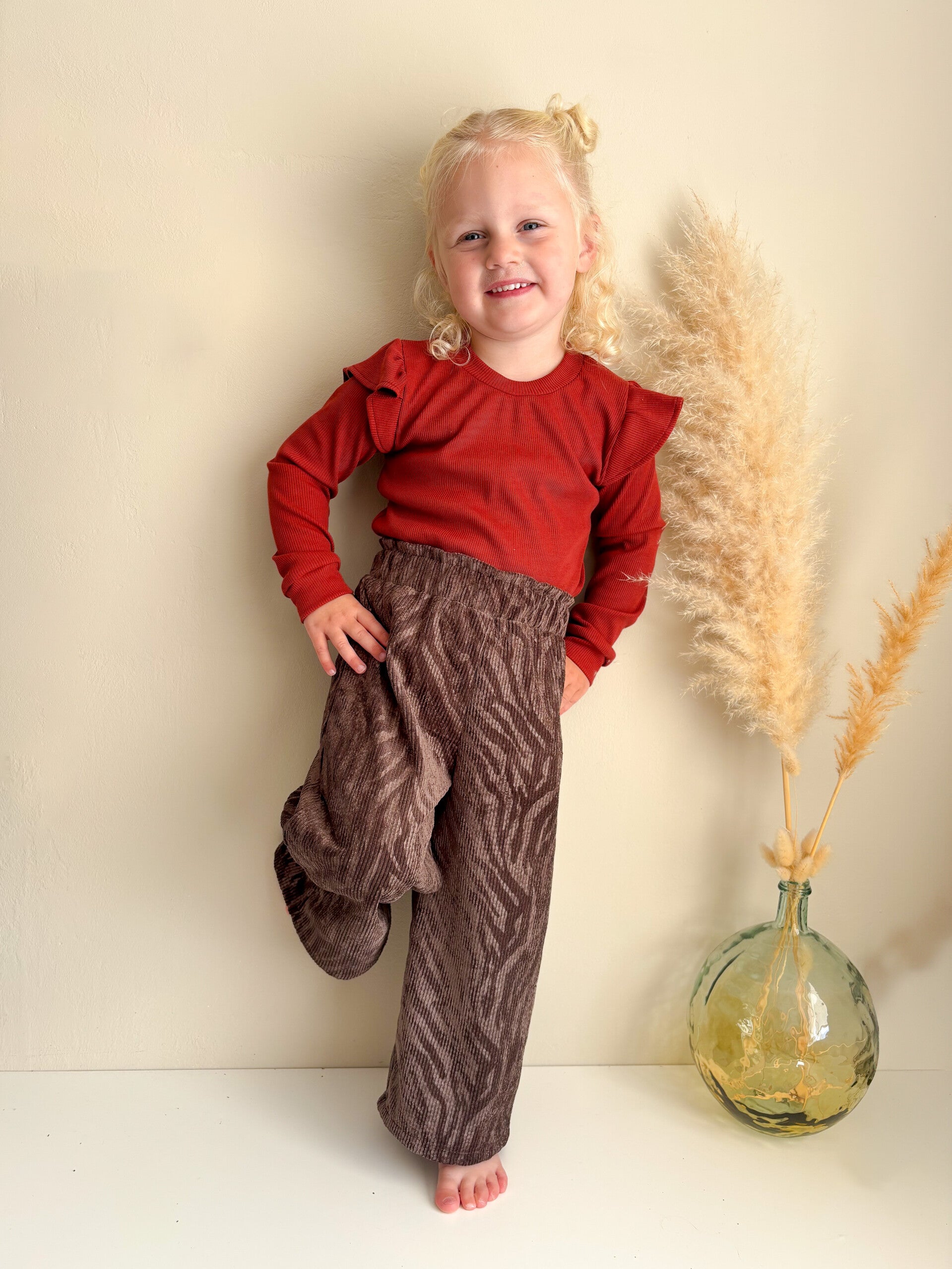 Paperbag wide leg broek | corduroy donkerbruin zebra