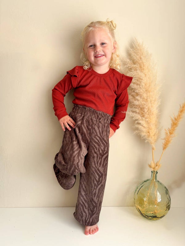 Paperbag wide leg broek | corduroy donkerbruin zebra