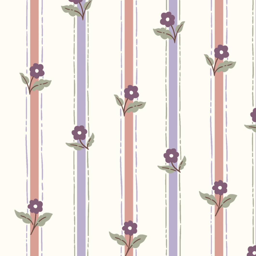 Katoen bloemen streep lila/brique