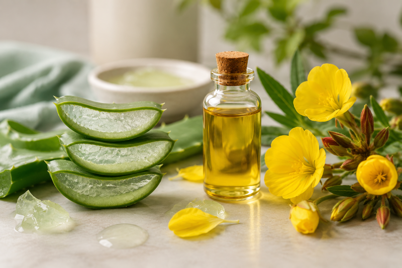 Aloe vera und Nachtkerze sind sanfte bewährte Heilpflanzen zum Aufbau des Hydro-Lipid-Films bei perioraler Dermatitis