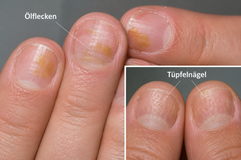 Psoriasis-Nagelveränderungen mit Ölflecken und Tüpfelnägeln