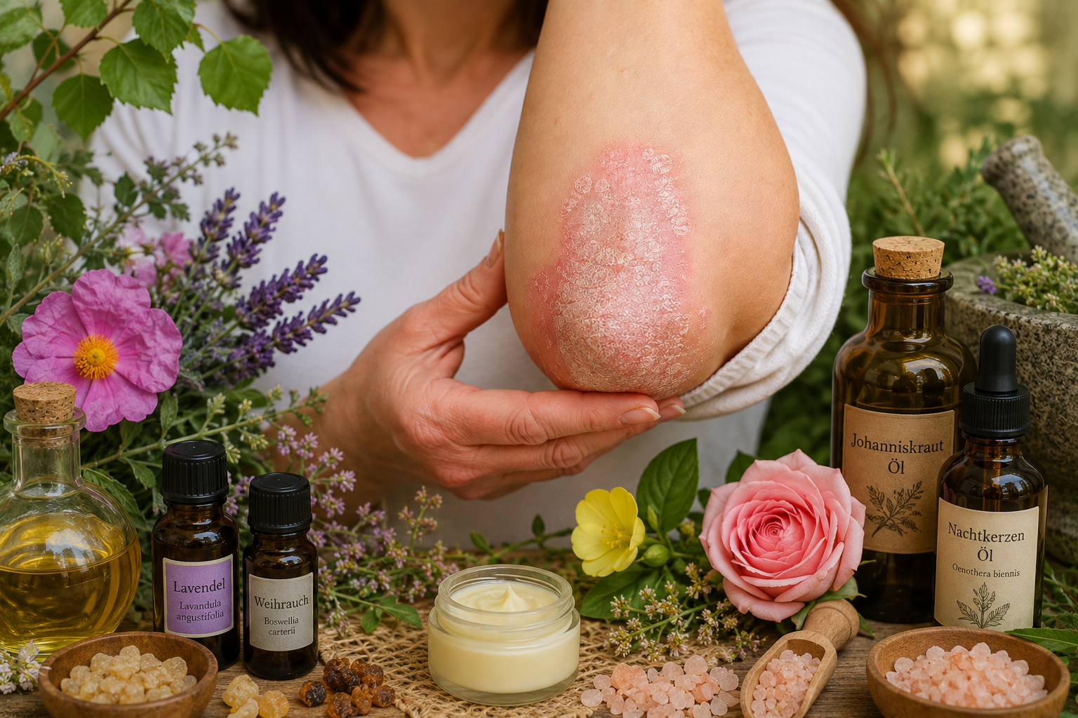 Psoriasis am Ellenbogen – ganzheitliche Behandlung mit Heilpflanzen, ätherischen Ölen und Hautpflege