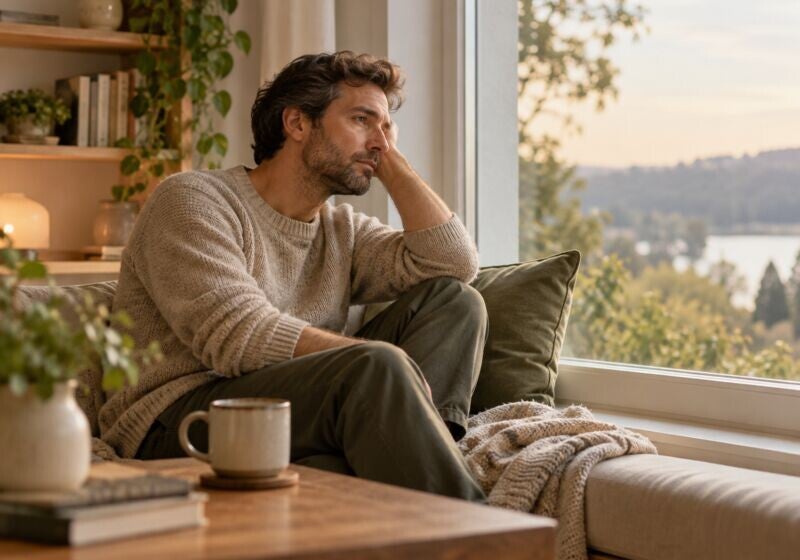 Hombre mirando por la ventana con expresión abatida, reflejo del bajo estado de ánimo