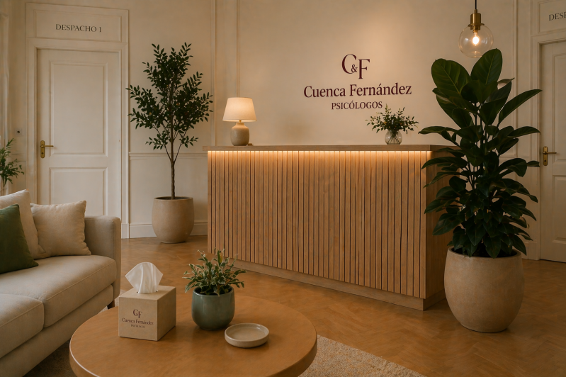Recepción de la consulta de psicología en Sevilla, con mostrador de madera y plantas