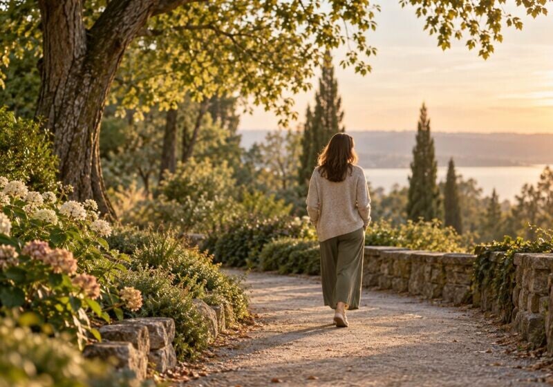 Mujer caminando sola por un sendero al atardecer, en un momento de duelo o cambio vital