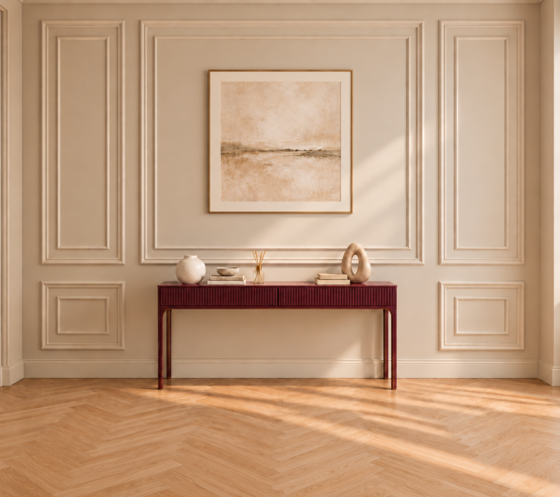 Detalle decorativo del despacho de psicología, con mesa auxiliar y cuadro