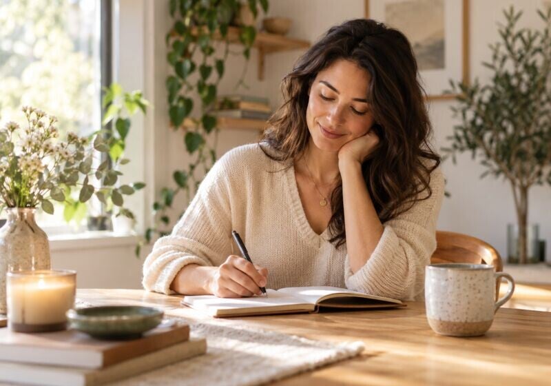 Mujer escribiendo en un diario en casa, tomándose un momento de pausa frente al desgaste laboral