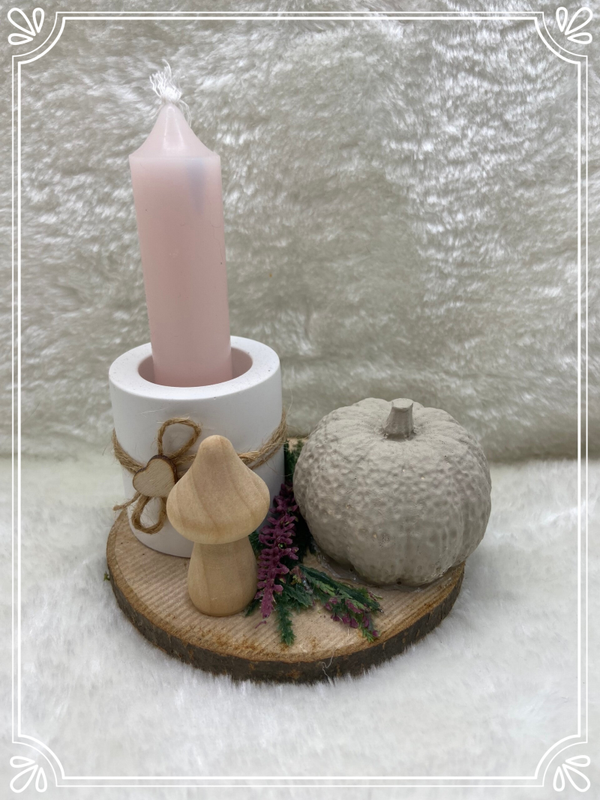 Pilz und Kürbis mit Kerze auf Holz