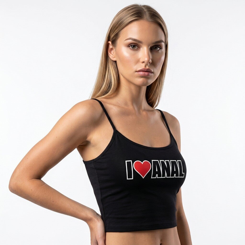 Bauchfreies Croptop "I LOVE ANAL" in Schwarz, Gr. S-XL