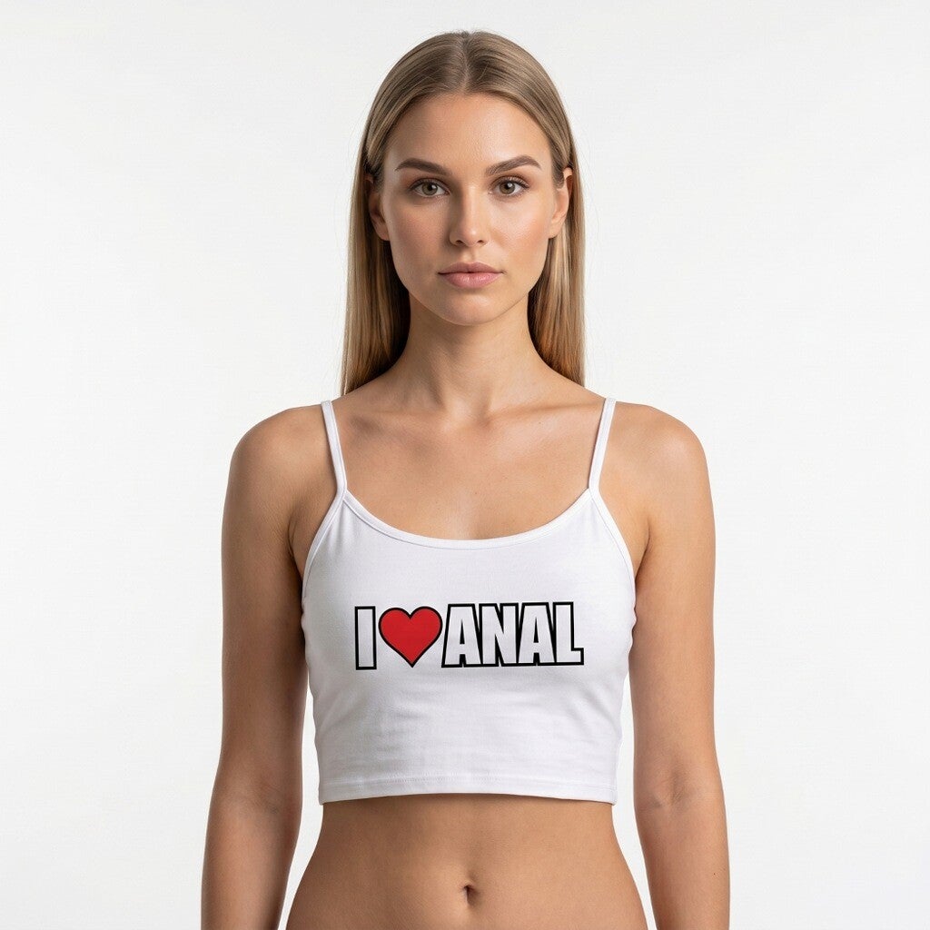 Bauchfreies Croptop "I LOVE ANAL" in Weiß, Gr. S-XL