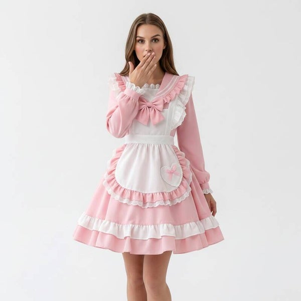 Maid-Kostüm Cosplay Langarm mit Rüschen in Rosa/Weiß