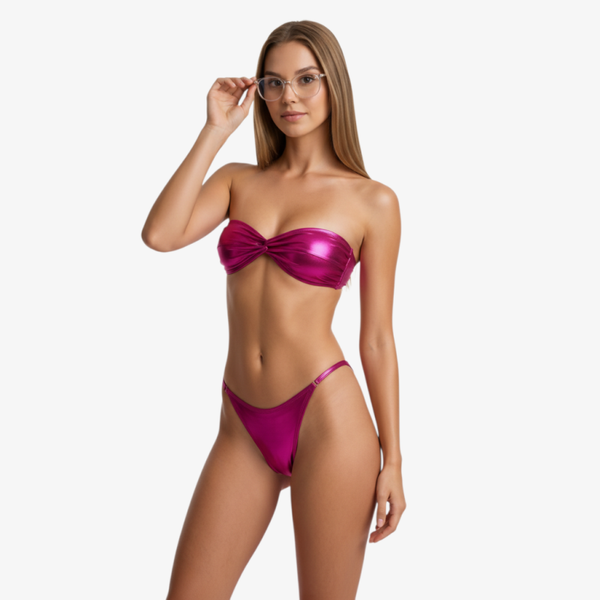 Metallic Bikini-Set mit String-Tanga - Bandeau-Top, Pink