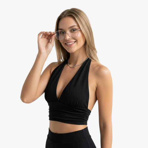 Bauchfreies Neckholder-Top mit tiefem V-Ausschnitt, Schwarz