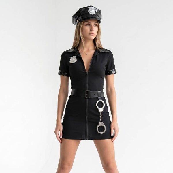 4-teiliges Police-Kostüm, Minikleid in Schwarz, Gr. S-2XL