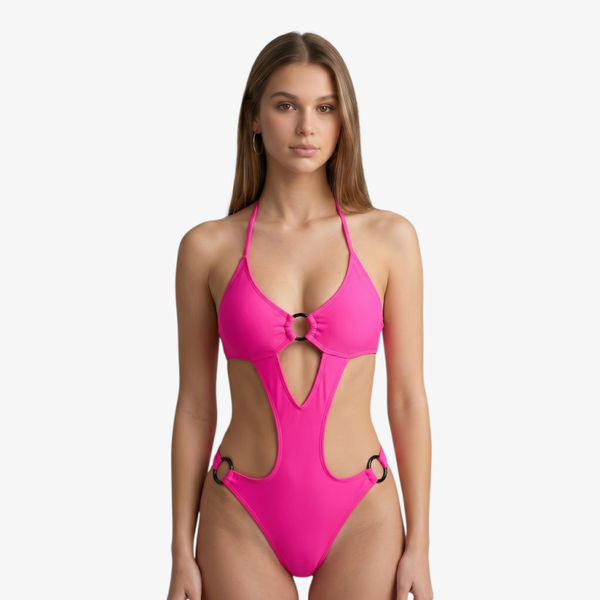 Monokini mit Schmuckring & Spaghettiträgern in Pink, Gr. S-2XL
