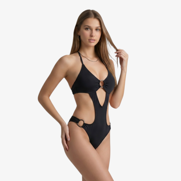 Monokini mit Schmuckring & Spaghettiträgern in Schwarz, Gr. S-2XL